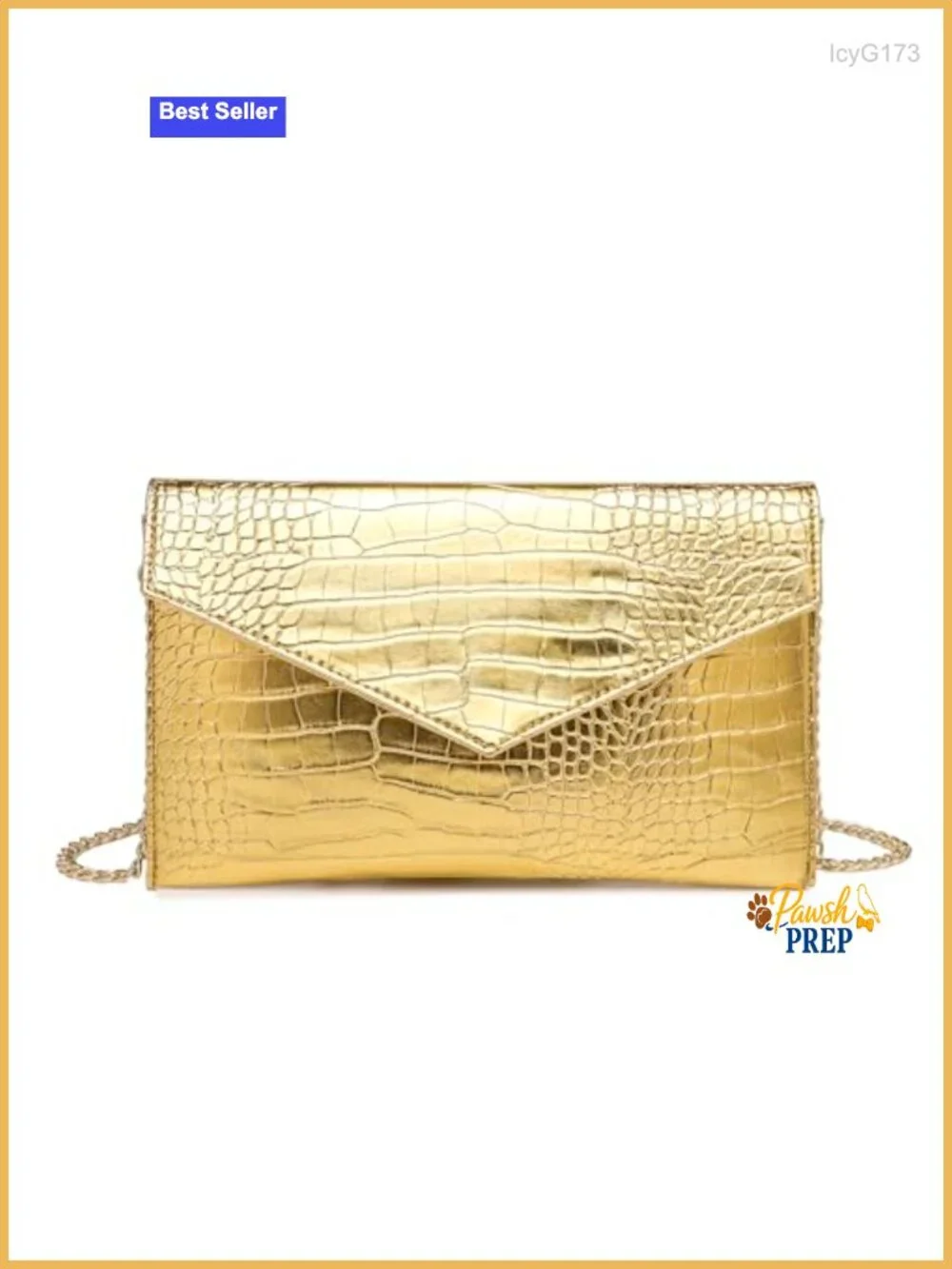 Gold Envelope Clutch Purse Metallic Faux Leather Handbag with Detachable Chain